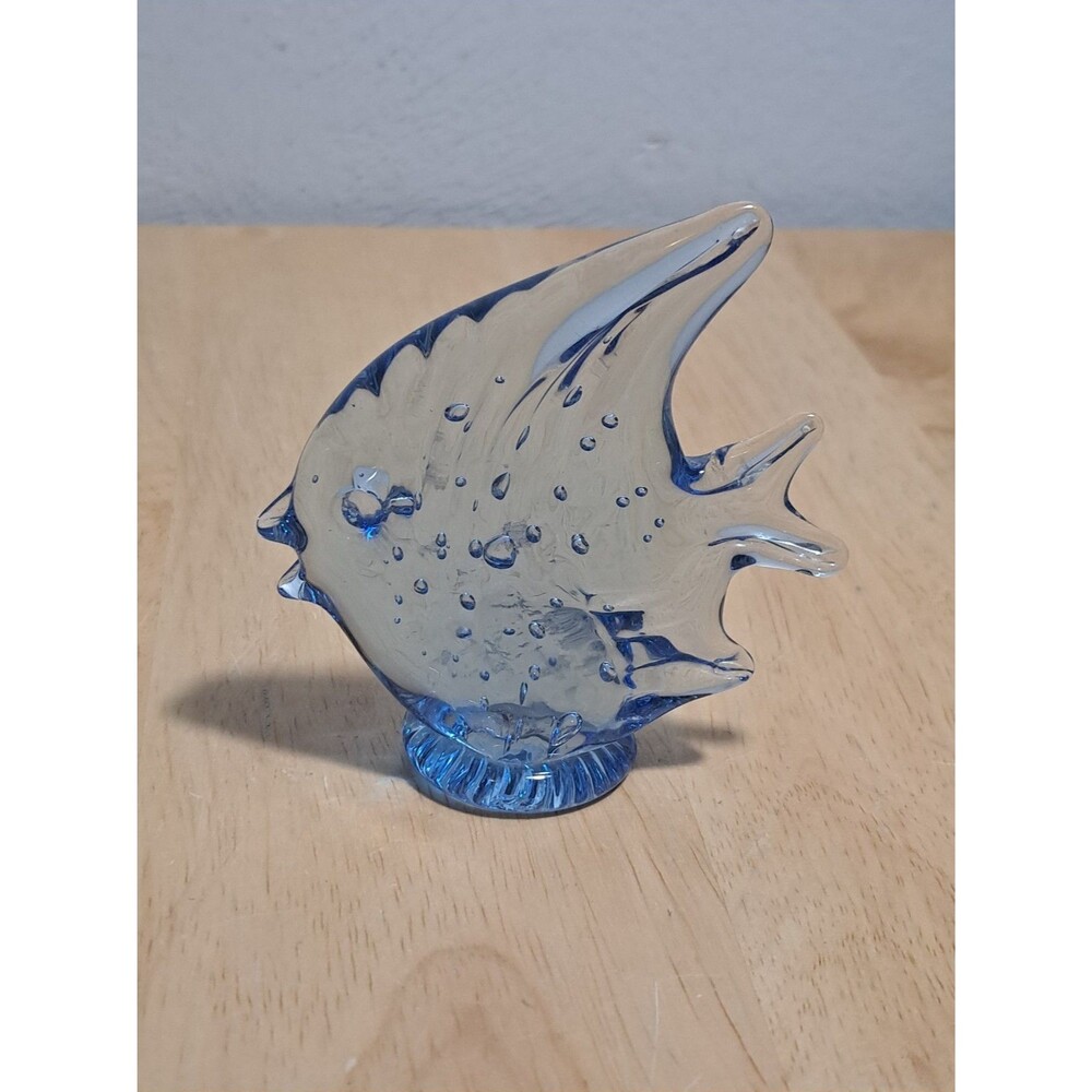 Hand Blown Art Glass Blue Angel Fish Paperweight Figurine Bubbles 3.5